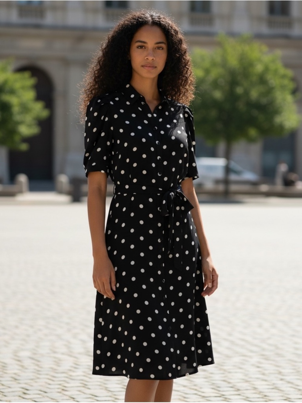 New York & Company Polka Dot Button-Front Black Dress with Belt size large